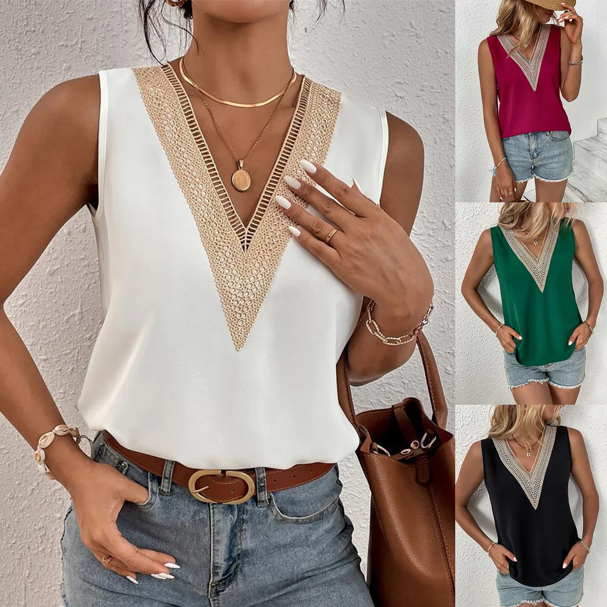 

Women Casual Style Tank Top 2024 Spring Summer Latest V-Neck Lace Panel Sleeveless Simple Solid Vest Sling Ceremony Top Pullover