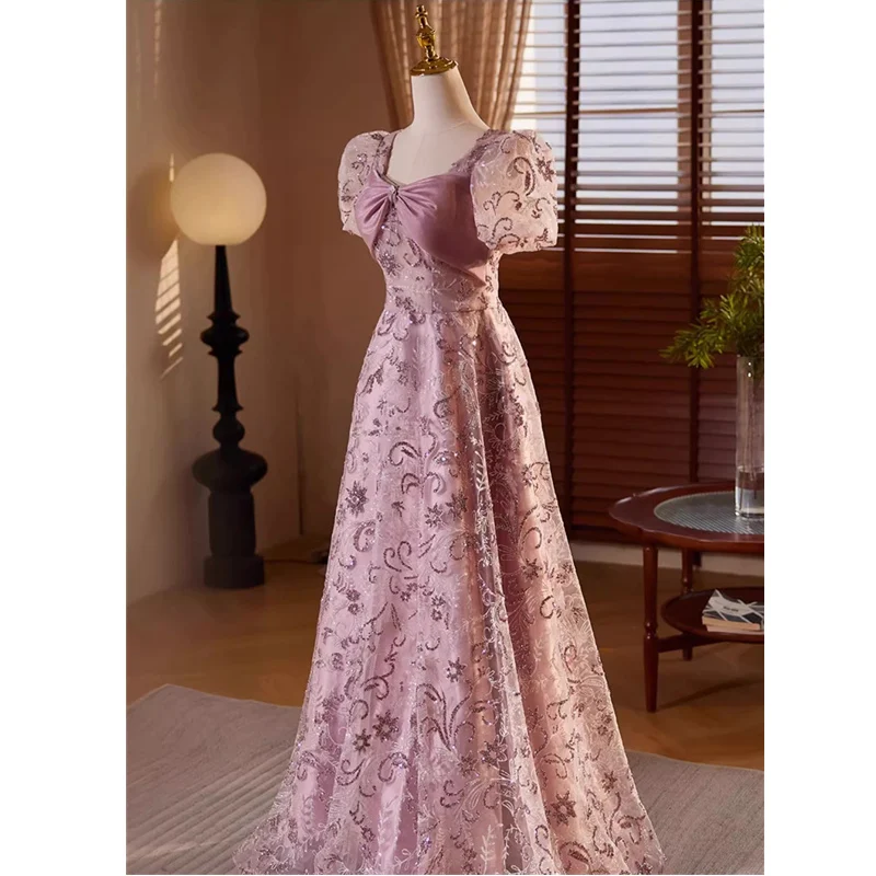 Bespok-Robe de soirée en tulle rose foncé pour femme, bling, col carré, manches courtes, à lacets, ligne A, longueur au sol, grande taille