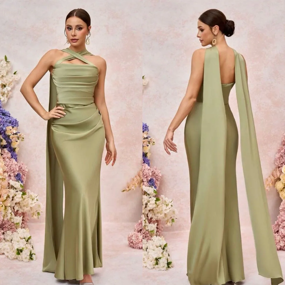 

High Quality Customized Sleeveless Backless Floor Length Pleat Halter Elegant Dress Women for Wedding Party فساتين السهرة فساتين