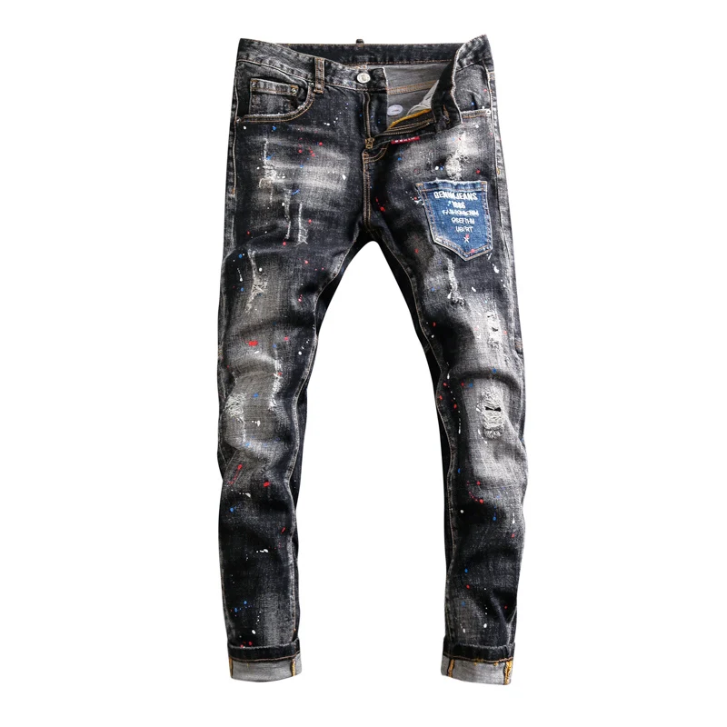 Street Fashion Men Jeans Pocket Designer Retro Black Gray Ripped Jeans Men Slim Fit Stretch Vintage Painted Denim Pants Hombre