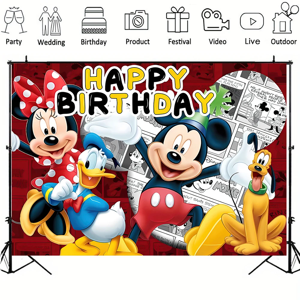 Disney Mickey Mouse Vinyl Backdrops Kids Happy 1st Birthday Party Decors Photography Background Baby Shower Banner Photo Booth