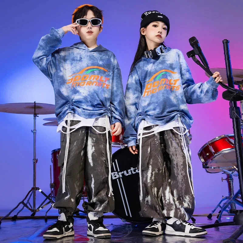 Boys' hip-hop rehearsal clothes blue tie-dye long-sleeved T-shirt phat pants children's drum set costumes outdoor sportswear