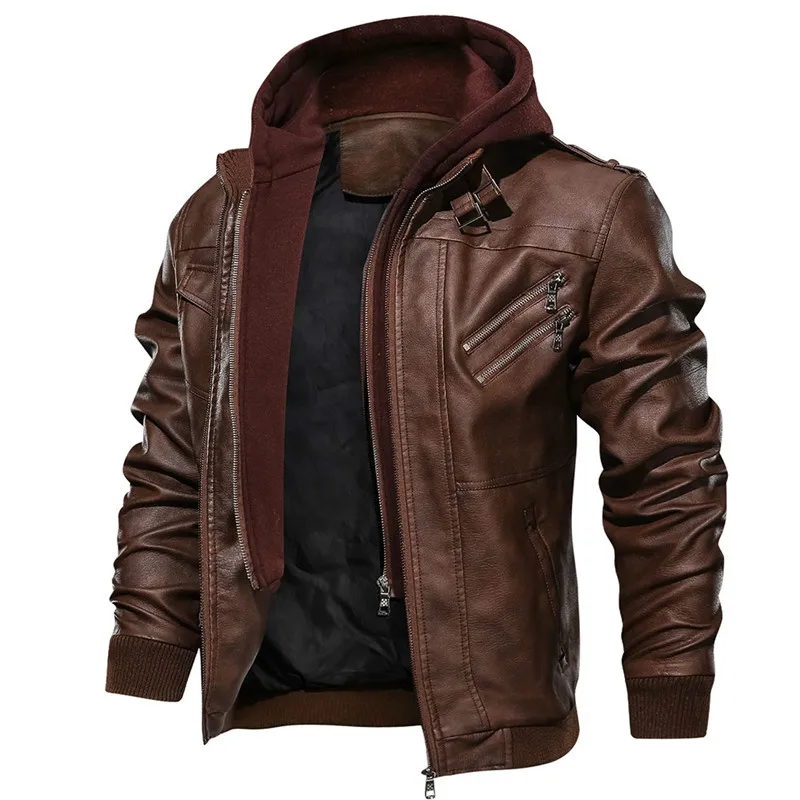 Oblique Zipper Motorcycle Leather Jacket Men Brand  Hooded  PU Leather Jackets Autumn Coat Plus Size S-5XL Dropshipping