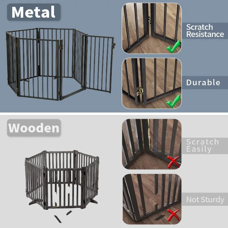 Metal Freestanding Dog Gates with Door,Indoor&Outdoor Pet Fences for Puppy,Extra Wide Black Free Standing Foldable Tall Dog Gate