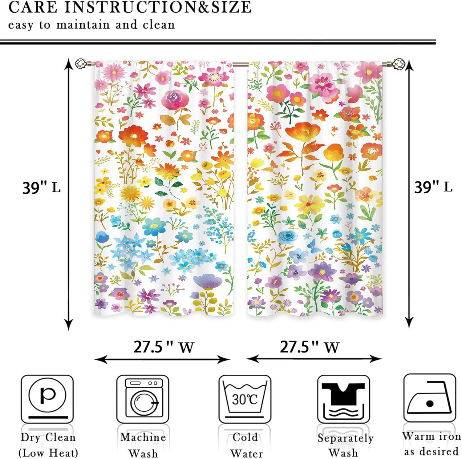 Colorful Wildflower Curtains Spring Meadow Print for Kitchen Window Cottage Decor
