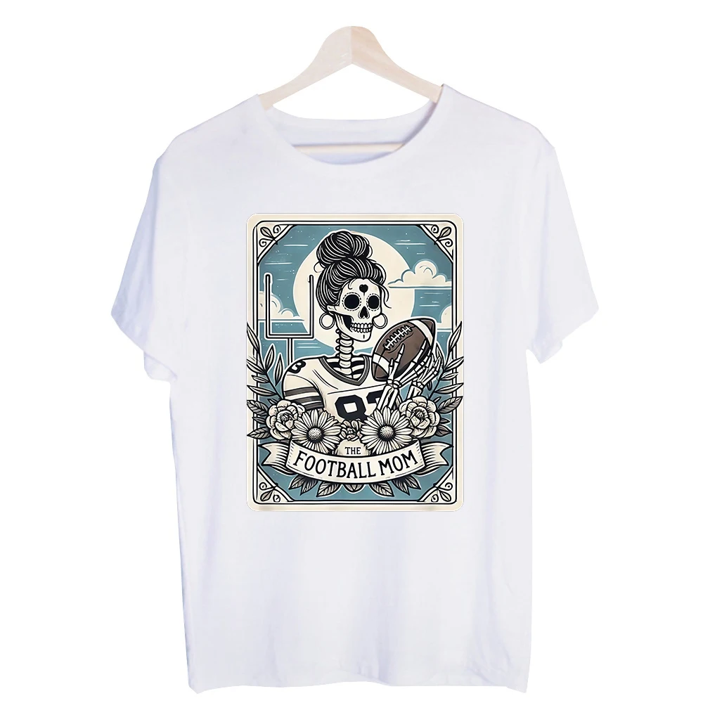 Women's Sugar Skull Football Mom Graphic Tee, Vintage Style Short Sleeve T-Shirt for Game Day and Casual Outfits