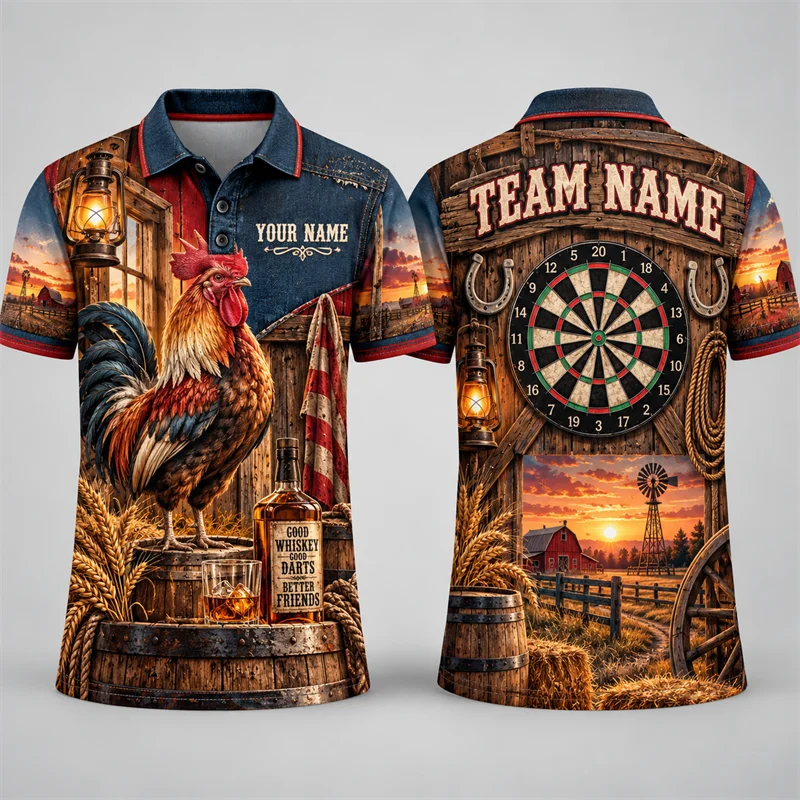 Personalized Darts Polo Shirt Men Custom Team Name Raven Eagle Tiger Rooster Pharaoh Graphic Short Sleeve Sports Jersey