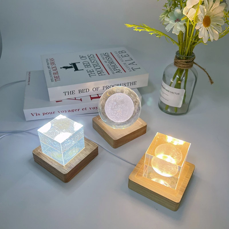 Square Wooden Base Led Lamp Display Stand Holder USB Powered for Crystal Glass Resin Objects