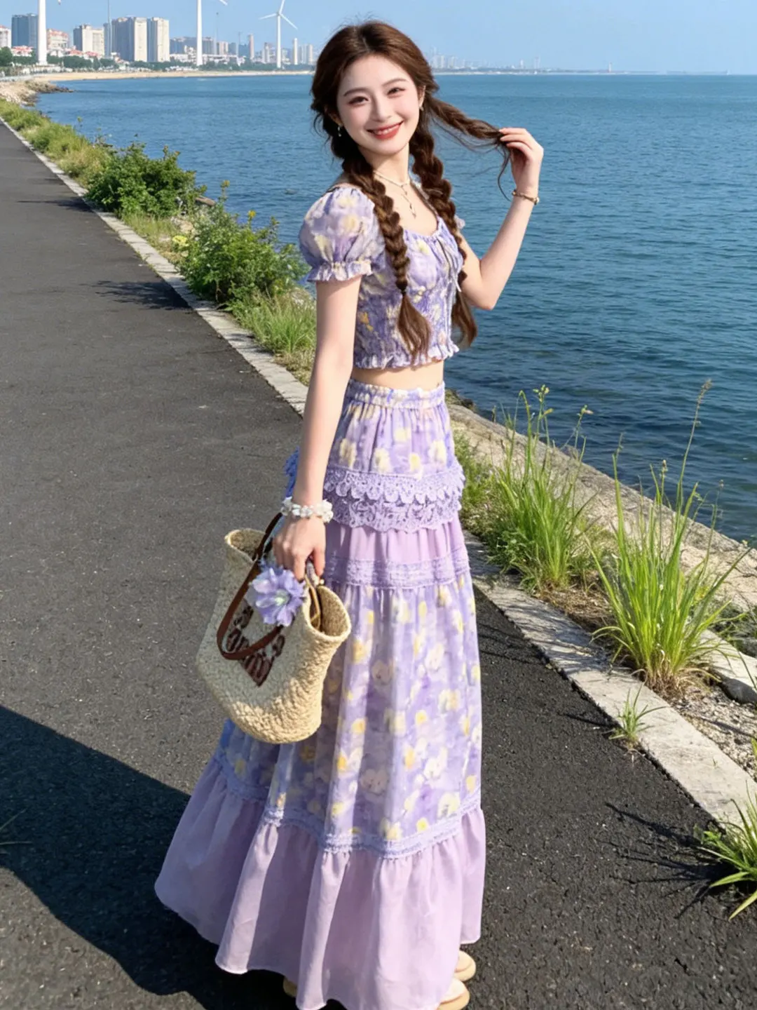 

Unique Beautiful Floral Print Top And Half Skirt Two-Piece Set Gentle Style Comfortable Summer Outfit for Young Women