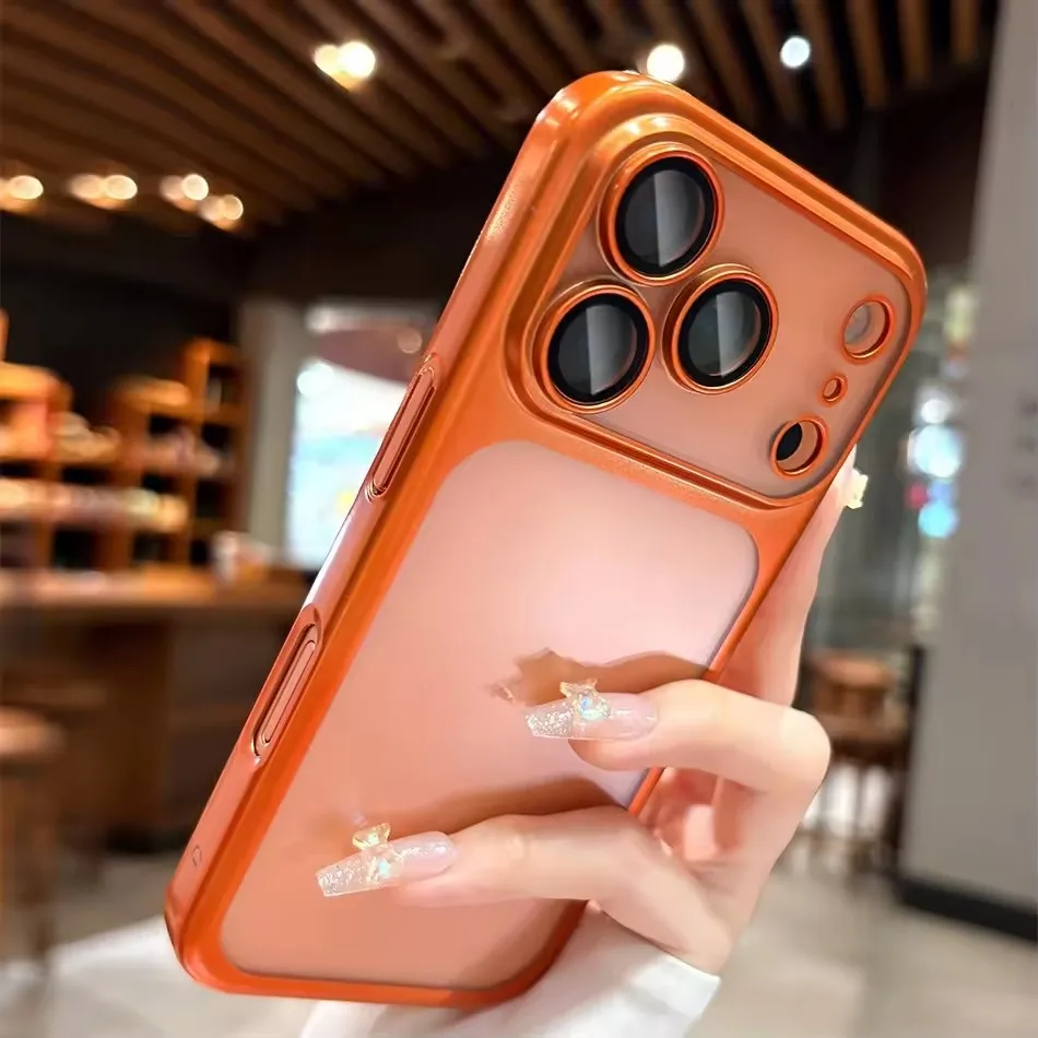 

Luxury Transparent Matte Phone Case For iPhone 17 Pro Air 17 16 15 14 13 Pro Max Full Lens Protection Metallic Color Frame Cover
