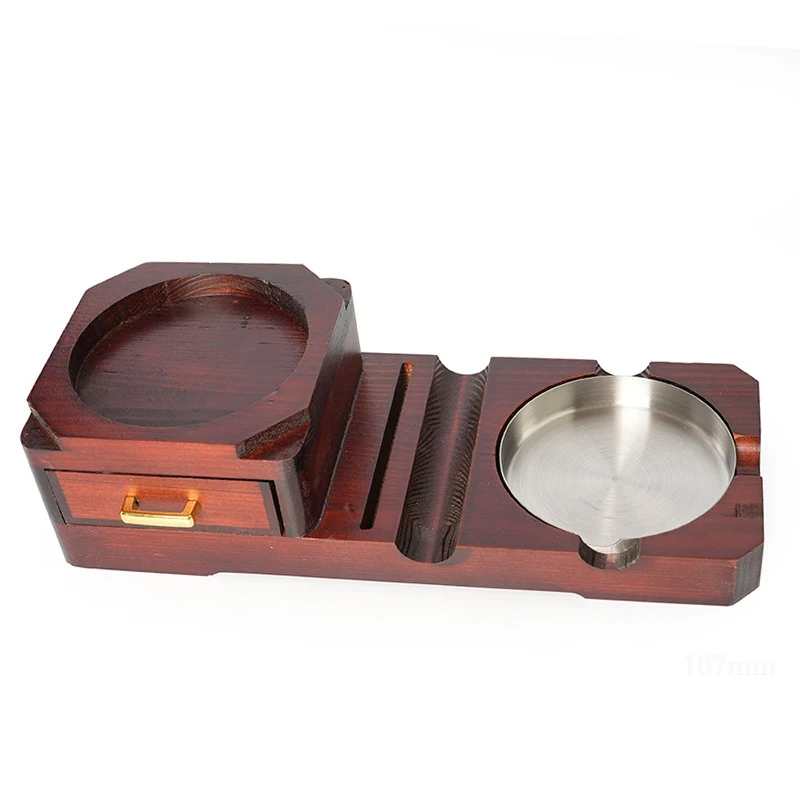 Wooden Cigar Ashtray with Drawer & Glass Holder - close-up view
