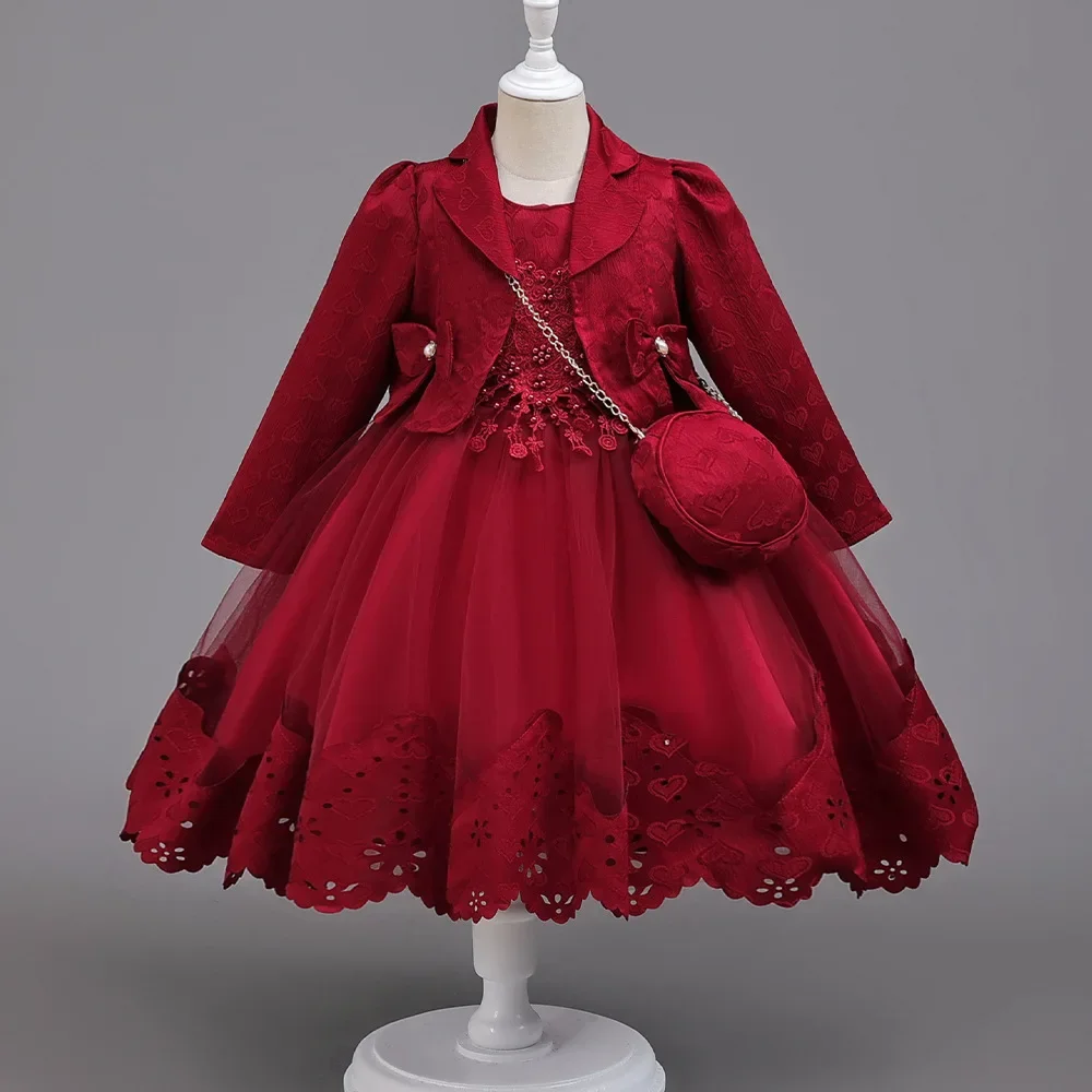 Girls Princess Ball Gown Long Sleeve Coat + Bag Set High End Beading Birthday Wedding Kids Casual Dress 3-12 Years