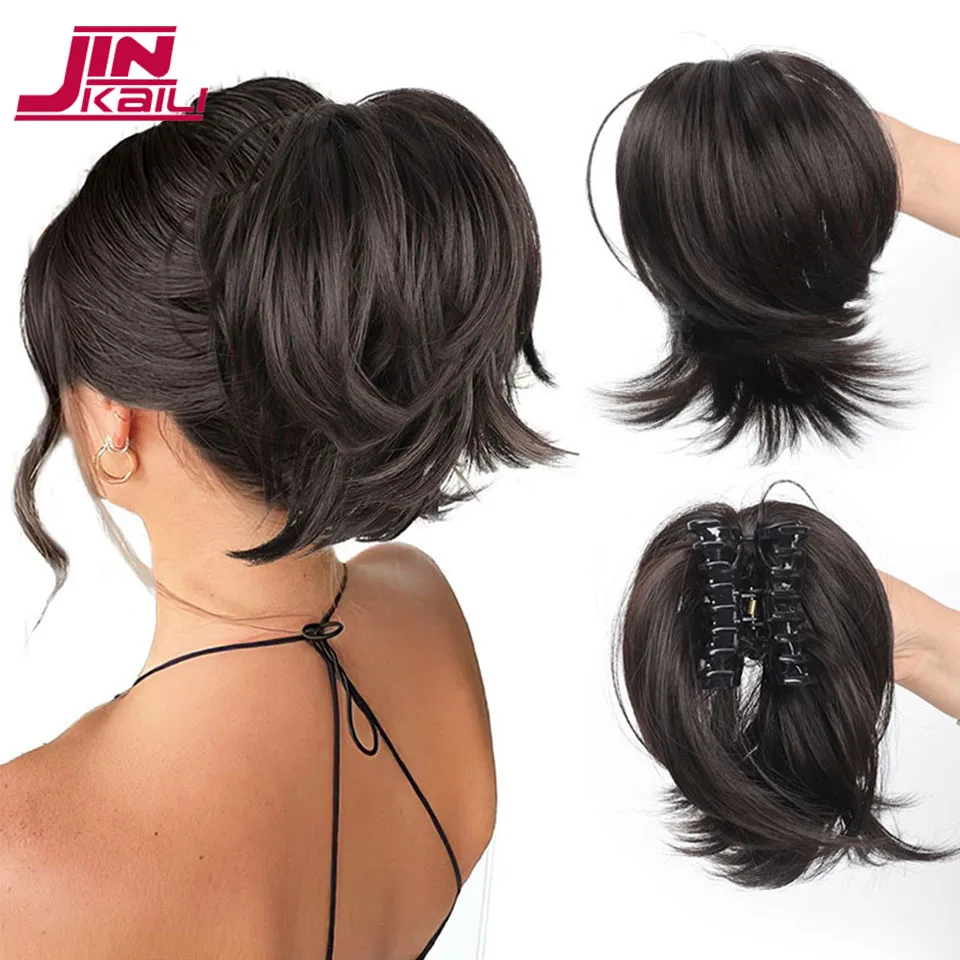 JINKAILI Synthetic Straight Claw Clip Chignon Fluffy Donut Messy Hair Bun Clip in Hairtail Extensions Natural Hairpieces Women