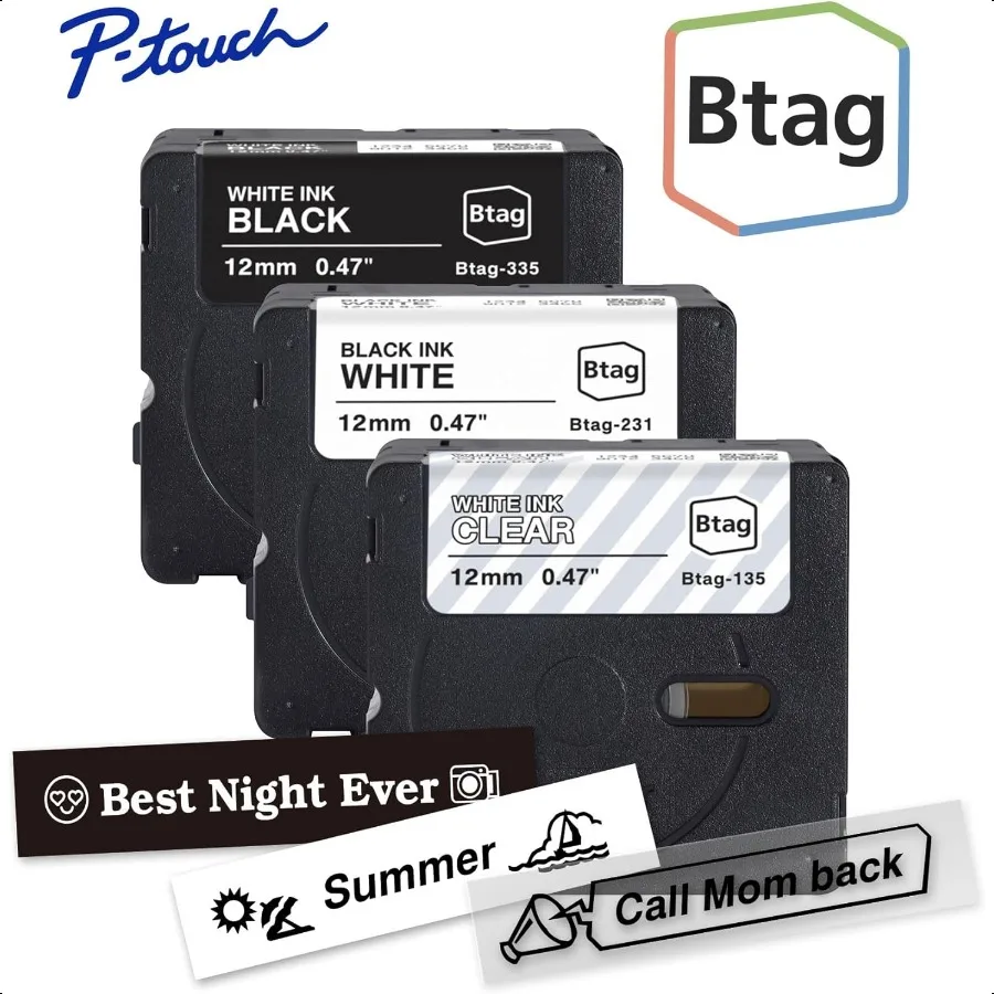 شريط ملصقات Ptouch Btag BTAG01 0.47 بوصة × 13.1 قدم أبيض على أسود شفاف على أبيض وأبيض على أسود 3 عبوات