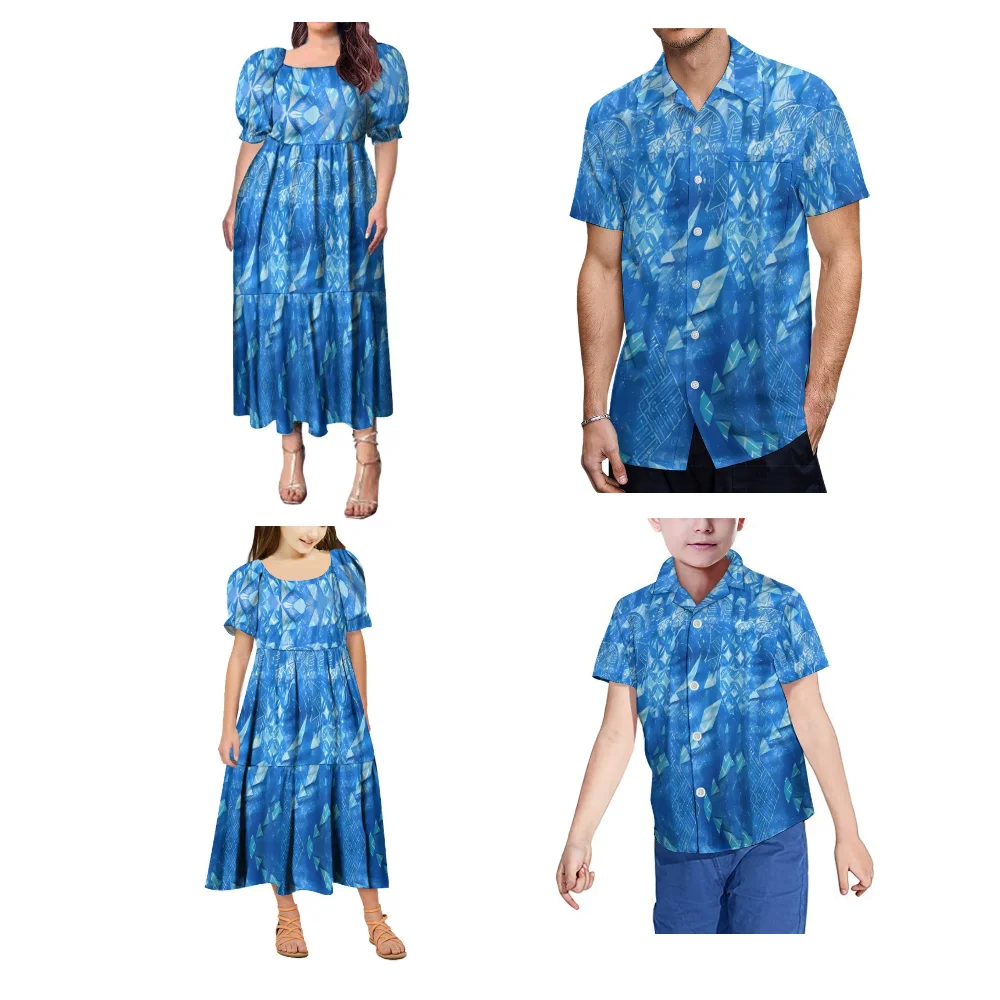 

Samoan Family Gathering Party Dress Set Mother Daughter Puffy Sleeve Dress Father Son Casual Suit Shirt Polynesian Vintage Print