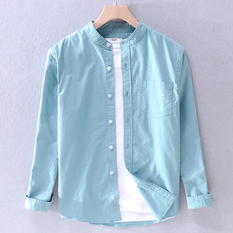 

Spring 2024 Men's Oxford Cloth Long Sleeve Shirt Pure Cotton round Neck Stand Collar Business White Color Fashionable Top