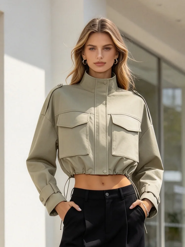 Cropped Cargo Jacket for Women Stand Collar Long Sleeve Big Pocket Drawstring Hem Casual Daily Outdoor Utility Coat