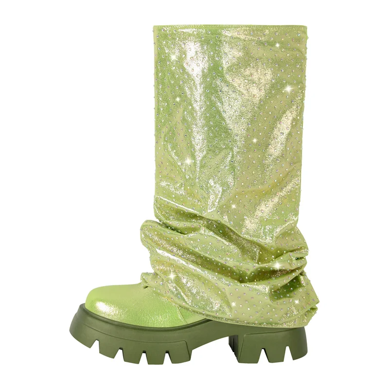 Onlymaker Women  Round Toe Fold Over Mid-Calf Webs Handmade Female Fashion  Pull On Slouch Boots