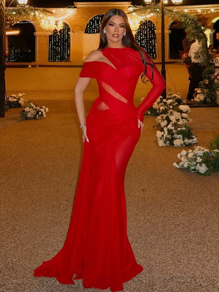 Seksowne czerwone sukienki damskie z dekoltem typu O, wycięciami, asymetryczne sukienki dla gości weselnych, damskie bandażowe prześwitujące długie sukienki maxi na imprezę i bal.