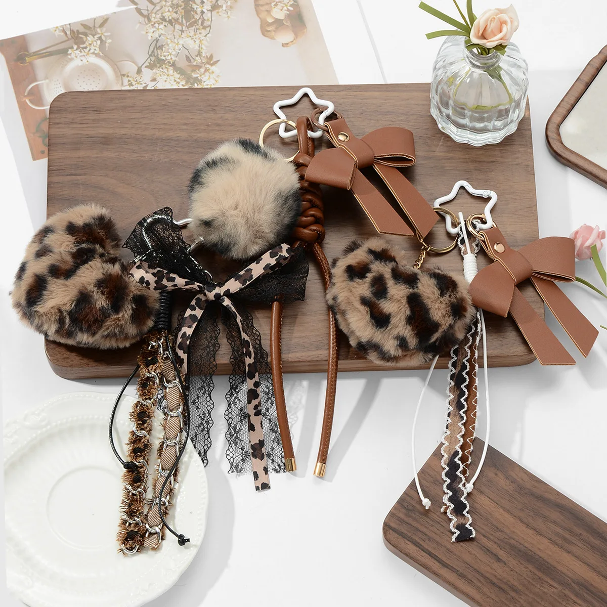 

New Exquisite Fashion Versatile Retro Style Plush Leopard Print Love Ball PU Leather Lace Bow Braided Rope Keychain Bag Pendant