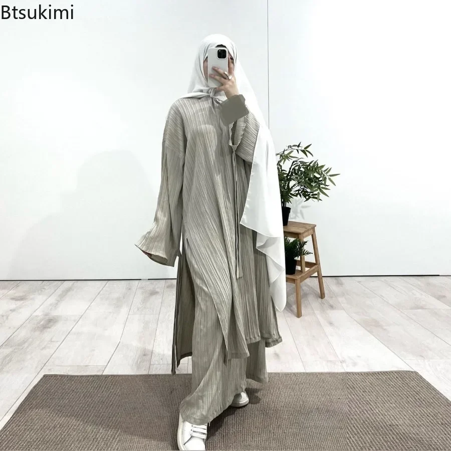 2024 Arab Muslim Women Modest Dress Sets Mid Length Long Sleeve Wrinkled Pleated Robe Tops with Skirt Suit Islam Clothing Abaya