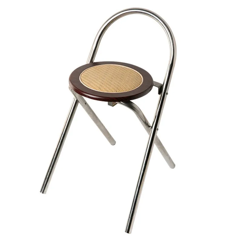 

Solid Wood Rattan Folding Chair Home Folding Stool Medieval Wabi-Sabi Stainless Steel Dining Chair Round Stool