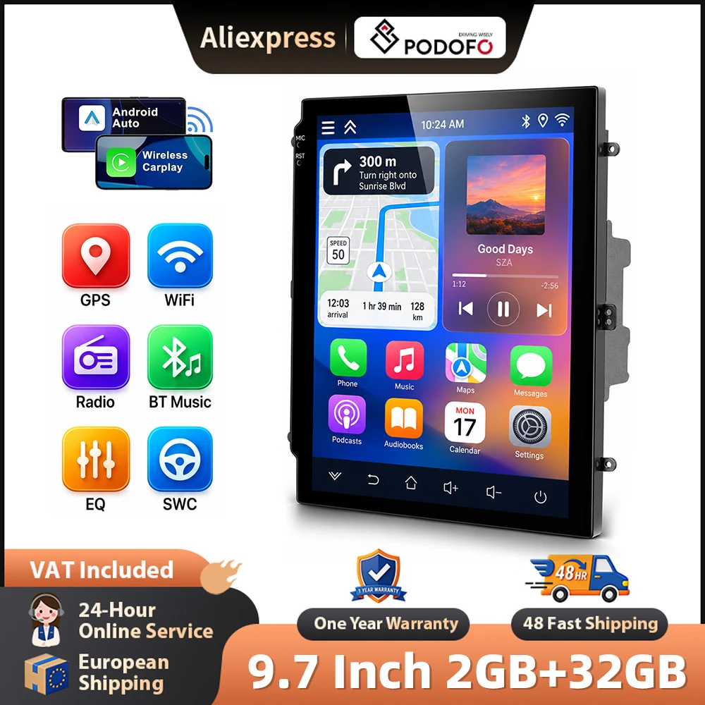 Podofo, autoradio da 9,7 pollici con Carplay wireless e Android Auto, sistema di navigazione GPS, BT, FM/RDS, 2DIN, autoradio plug&play, unità principale, sistema multimediale per auto, stereo, Wi-Fi,