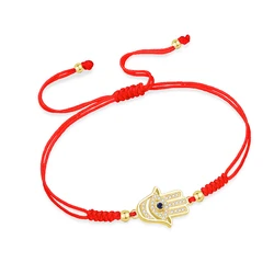 AAA Cubic Zirconia Crystal Hamsa Hand Of Fatima Evil Eye Lucky Charm Bracelet Women CZ Stones Red String Lucky Knot Jewelry Gift