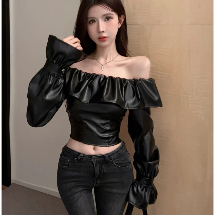 2024 Autumn/Winter New Design Sense One Shoulder Black Long Sleeve PU Leather Top for Women Shoulders, Spicy Girl