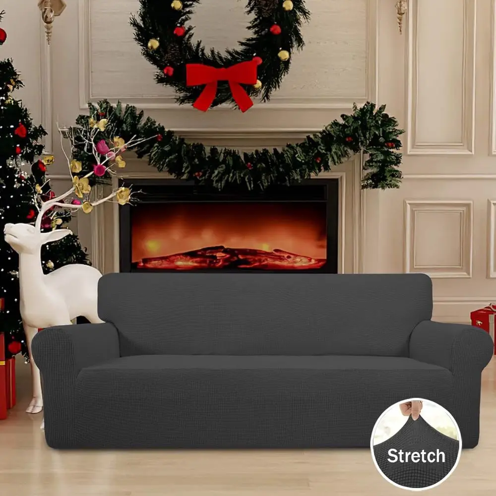 1-Piece Sofa Slipcover with Elastic Bottom - Polyester Fabric, Small Checks, Gray for Sofa, Couch or Kids' Furniture