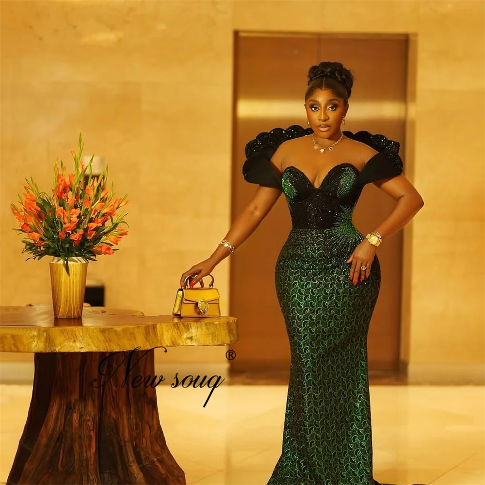 

Nigeria Green Mermaid Evening Dresses Aso Ebi Black Girls Off Shoulder Beaded Wedding Party Gowns Customized Prom Dress 2025