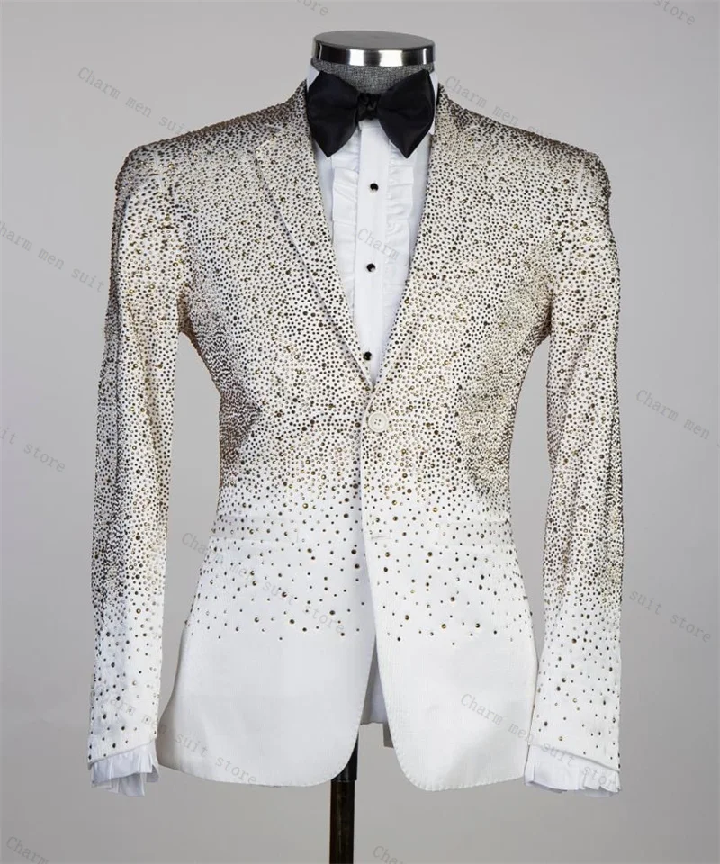 

White Luxury Crystals Stone Men Suit Set 2 Piece Blazer+Pants Trousers Customized Formal Office Jacket Wedding Tuxedos Coat