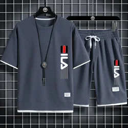 Summer Men's Waffle Sets Casual T-Shirt And Shorts Set Male Sports Suit Solid Color Tracksuit Loose Suits Size 3XL