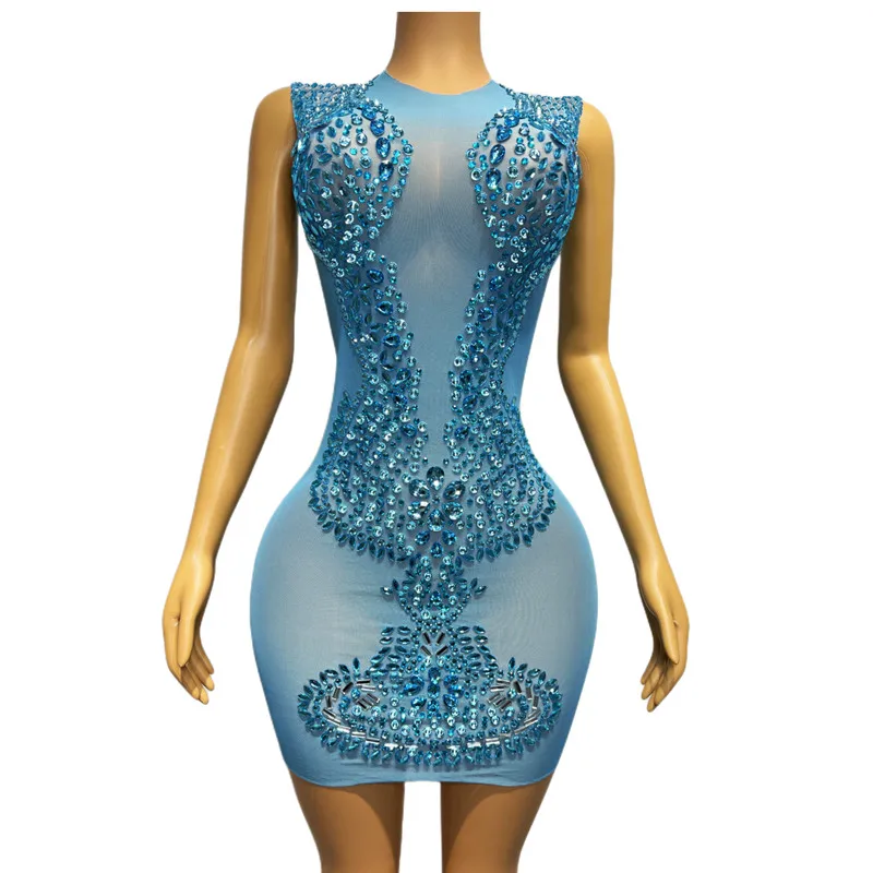 

Women Sexy Transparent Evening Party Prom Stage Costume Blue Rhinestone Mesh Sleeveless Bodycon Mini Short Dress Birthday Outfit