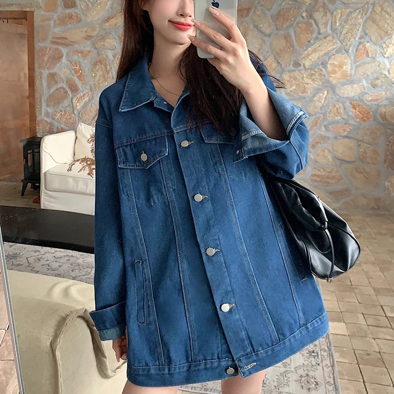 GIDYQ Vintage Denim Jacket Women Korean Loose Sash Tie Up Mid Length BF Denim Coat Y2k High Street Casual Chic Tops Autumn New