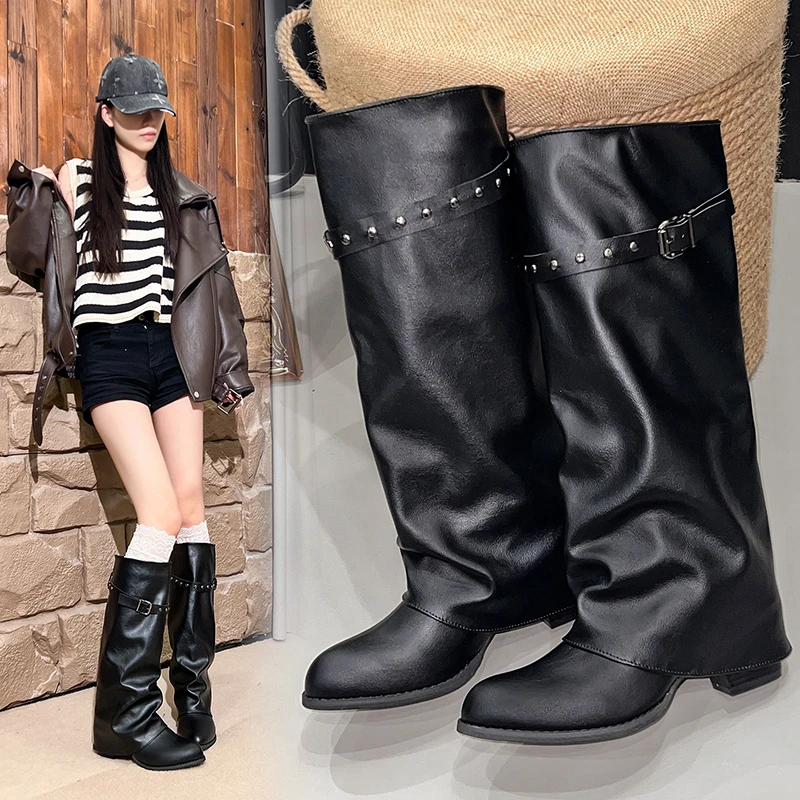 Black Long Tube Booties Women's 2026 New Summer Pleated Pile High Tube Denim Booties Korean Style Sharp Pointed Toe Thick Heel