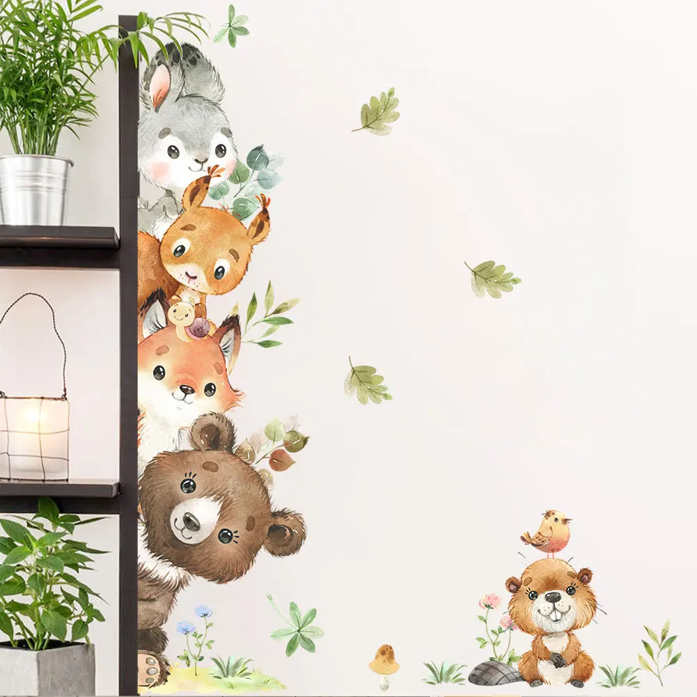 Kawaii Forest Animals Wall Stickers for Kids Rooms Girls Boys Baby Room Decoration Nursery Wallpaper Door Bunny Bear Fox Cartoon