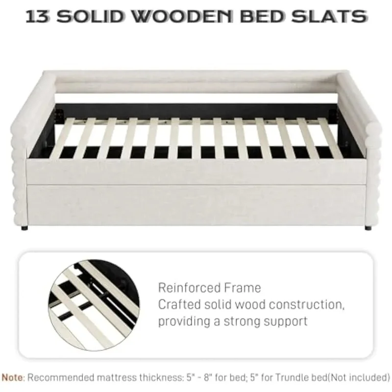 سرير نهاري منجد بالحجم الكامل مع دولاب ومسند ظهر، ودعم شريحة خشبية، ونسيج كتان، وحجم مزدوج #5