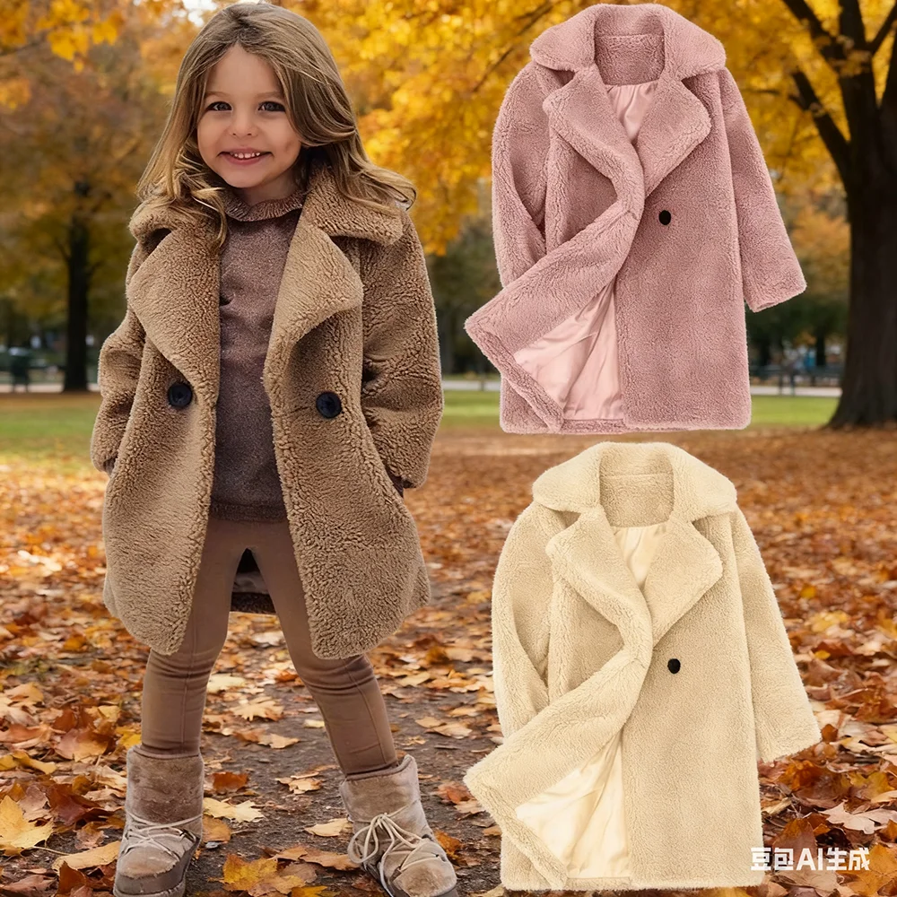 Lamm Fleece Mädchen Jacke Herbst Winter Neue Mädchen Lange Stil Einfarbig Dicke Warme Revers Windjacke Für 2-6Y Mädchen Mantel