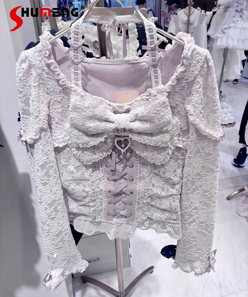 

Japanese Liz Mass-Produced Mine Sweet Cute Big Bow Tops Autumn Winter New 2025 Girl's Woman's Sweet Lace Slim Fit Bottom Tops
