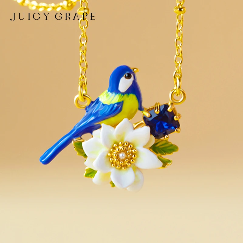 

Juicy Grape Enamel Flower and Blue Bird Necklace Handmade Enamel Necklace plated gold with 18K 3D Design 2024 New Popular Ring