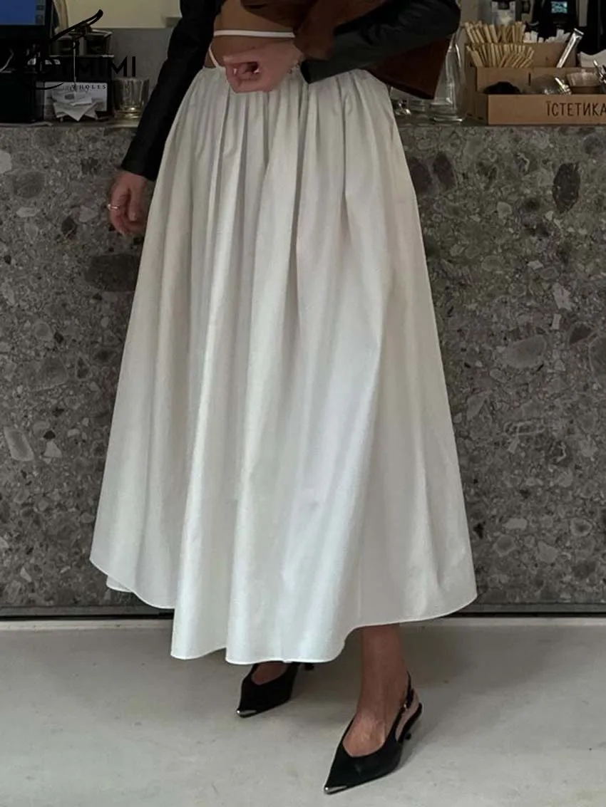 Oymimi moda branco algodão saia feminina elegante solto rendas saias plissadas casual novo sólido meados de bezerro saias roupas femininas