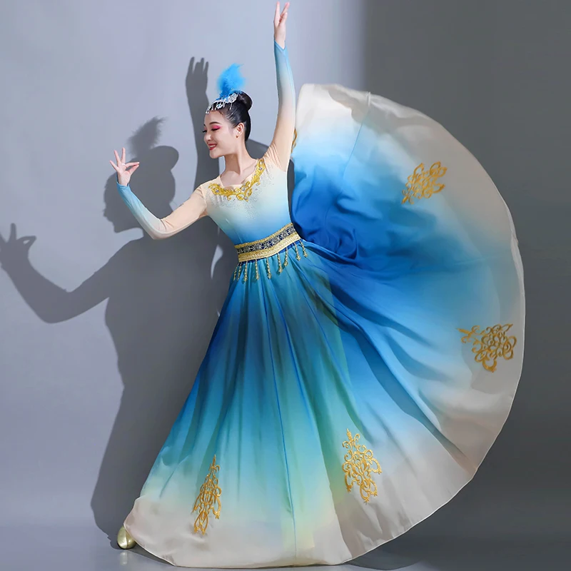 Xinjiang Dansvoorstelling Jurk, Grote Swing Rok, Oefenkleding, Kunstexamen, Oefenkleding, Etnische Uyghur Klassieke Dans Cos