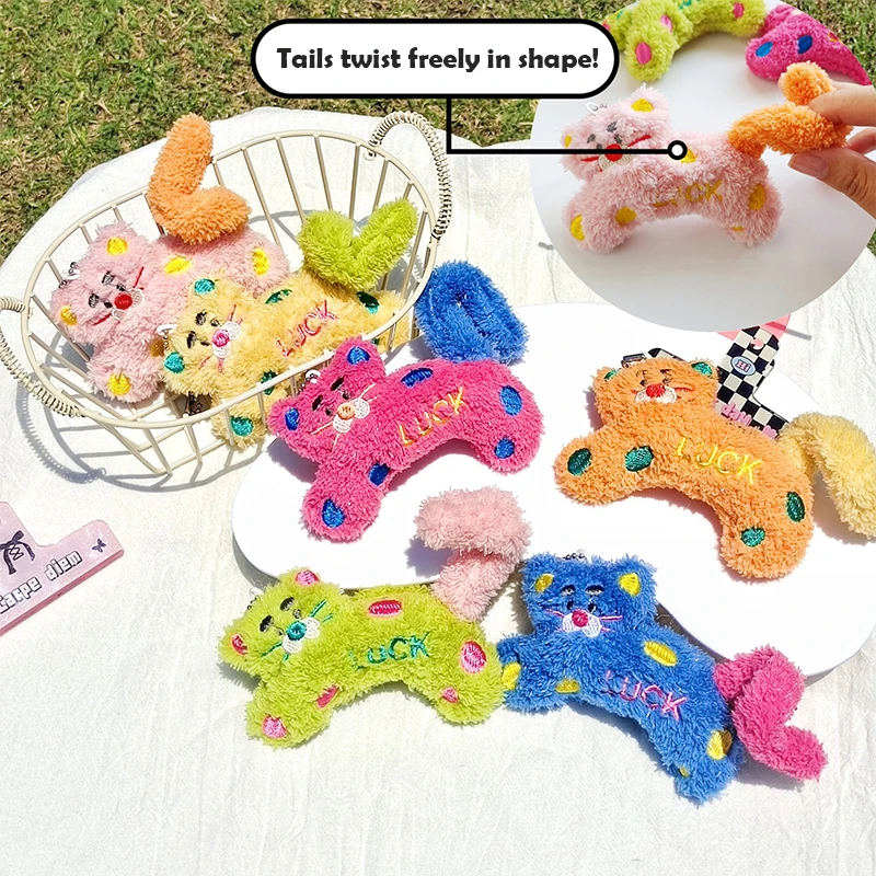 

Cartoon LUCK Polka Dot Cat Plush Toy Creative Stuffed Animal Doll Keychain Twist The Tail Plush Doll Unzip Toy Pendant
