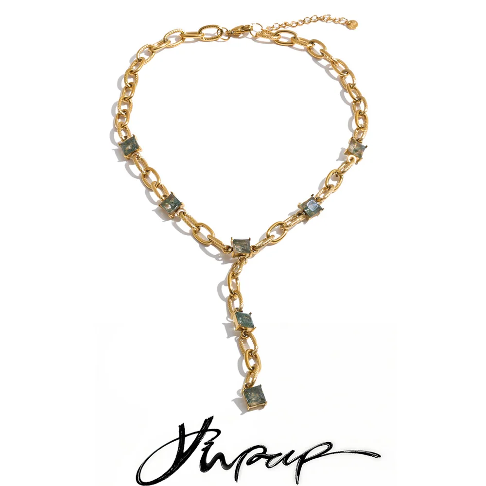 Yhpup New Stainless Steel Cubic Zirconia Glass Square Y Chain Necklace Fashion Glamorous Prom Aesthetic Jewelry