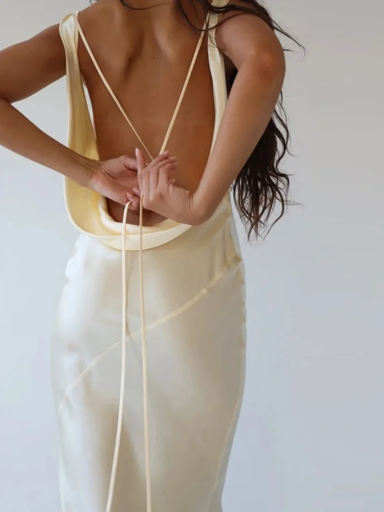 Sisterlinda letnia elegancka seksowna sukienka Maxi z odkrytymi plecami damska bez rękawów dekolt w serek zasznurować Bodycon wakacje odzież klubowa Lady Vestido