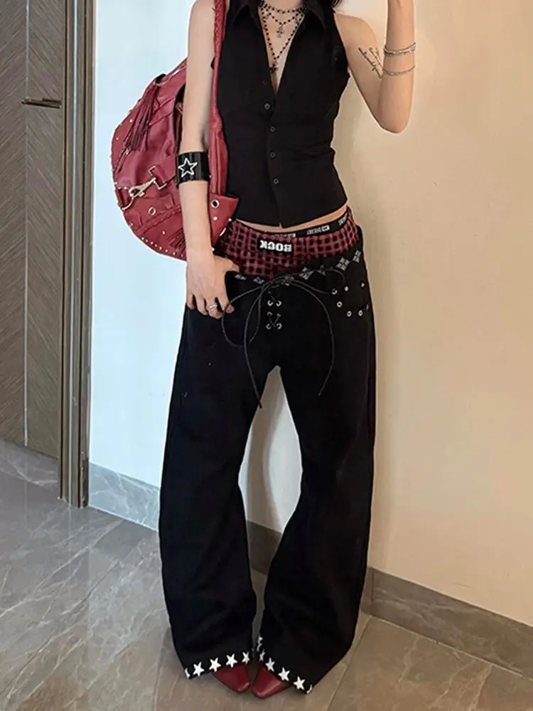 

Stacked Contrasting Double Waist Splicing Jeans Women Retro Drawstring Fashionable Y2K Printing High Street Casual Denim Trouser