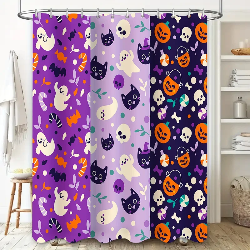 Purple Halloween Shower Curtains with Ghosts Cats Print, 3D Waterproof Fabric, Home Decor for Bathroom Set of Four Panels (59x70