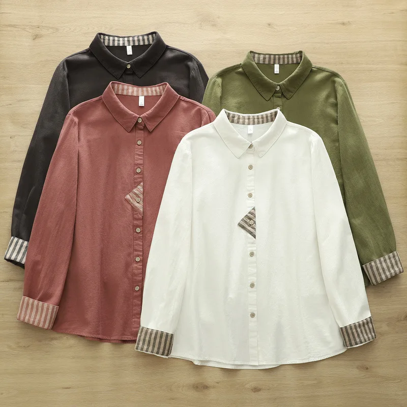 

Японские милые полосатые лоскутные хлопковые рубашки Mori Girl, женские осенние новые повседневные свободные блузки с отложным воротником и длинными рукавами, топы