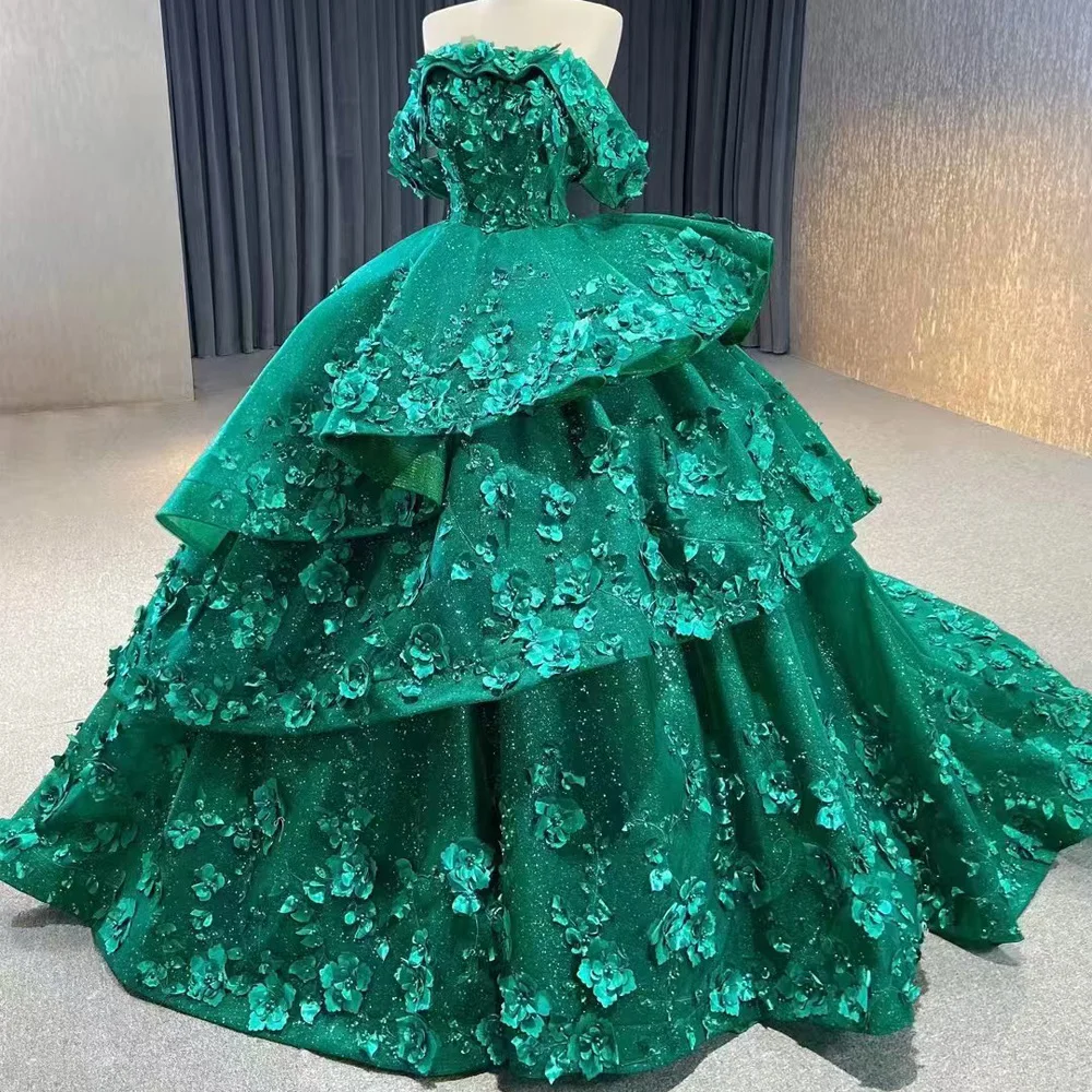 Sukienka Quinceanera Princess Green, bez ramiączek, z odkrytymi ramionami, sznurowana z tyłu, z aplikacjami, z możliwością dostosowania rozmiaru, idealna na specjalne okazje.